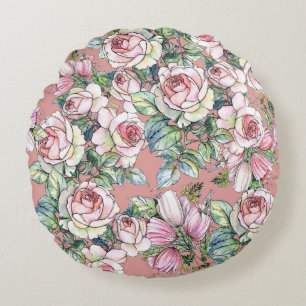Almofada Redonda Rosa de flores de jardim com tulipas pintadas em