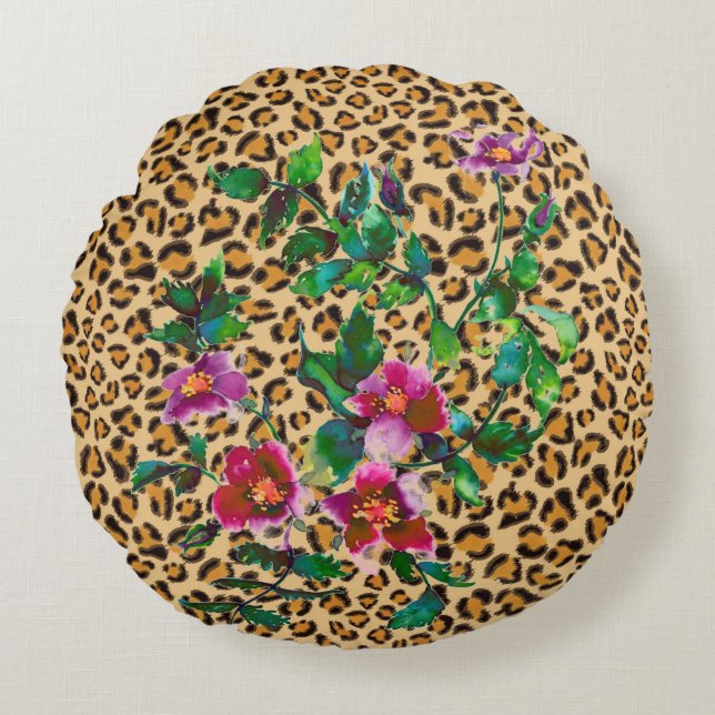 Almofada Redonda Rosa de safra - impressão-leopardo (Frente)