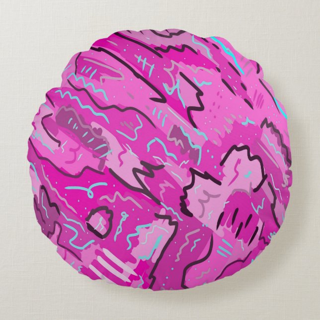 Almofada Redonda Rosa! Diversão com Abstrato Art (Frente)