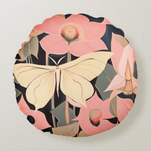 Almofada Redonda Rosa e Creme - Luna Moth e Moonflower