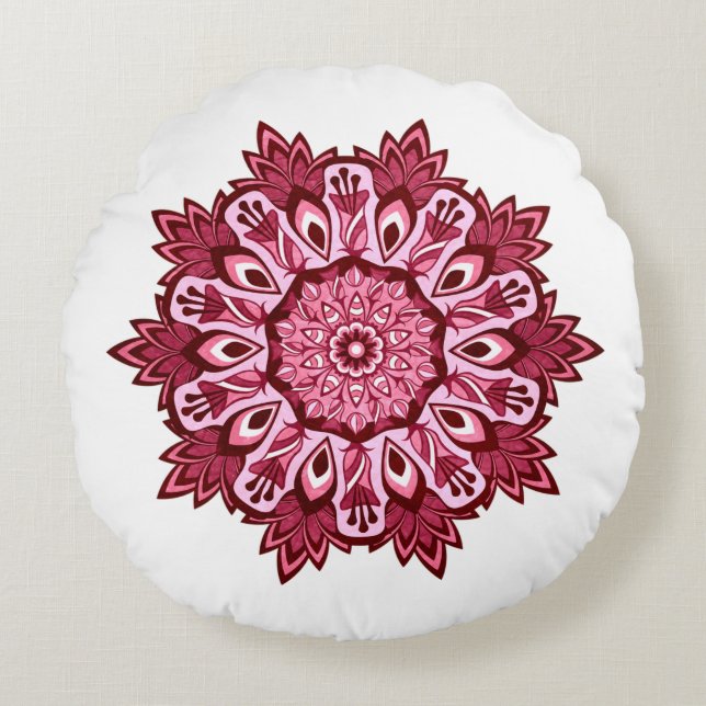 Almofada Redonda Rosa Escuro e Cinza Reversível Boho Mandala (Frente)