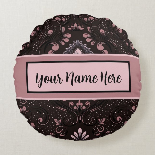 Almofada Redonda Rosa personalizado e Travesseiro redondo preto (Frente)