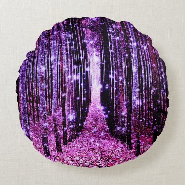 Almofada Redonda Rosa Púrpura da Floresta Mágica (Frente)