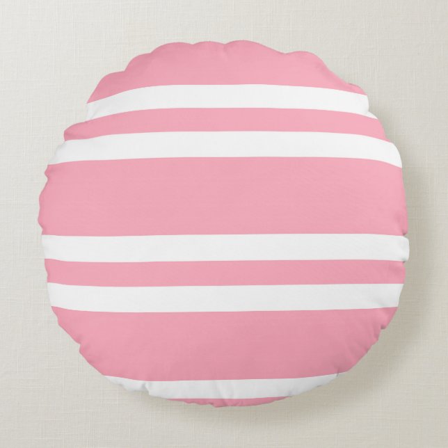 Almofada Redonda Rosa rosa e tiras brancas (Frente)