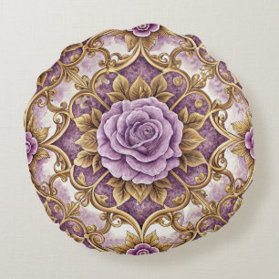 Almofada Redonda Rosa Roxo & Dourado Barroco Elegante Floral Vintag