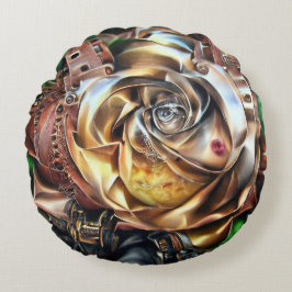 Almofada Redonda Rosa Steampunk com Face Surreal - Flor Mecânico