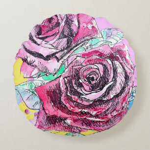 Almofada Redonda Rosa Vermelha Rosas Aquarela Floral Flores Flor
