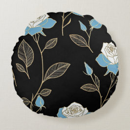 Almofada Redonda Rosas Azuis e Brancas com Dourado caimento