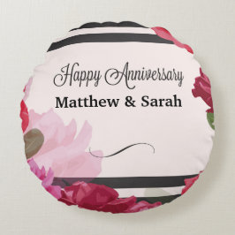 Almofada Redonda Rosas de Aniversário de Casamento, Stripes, Nomes 