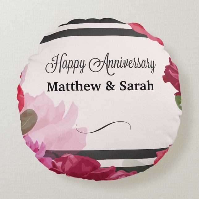 Almofada Redonda Rosas de Aniversário de Casamento, Stripes, Nomes  (Frente)