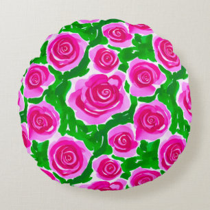 Almofada Redonda Rosas de Aquarela Rosa Fuchsia