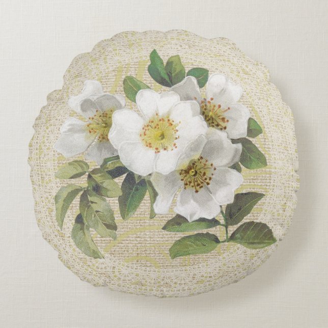 Almofada Redonda Rosas de cães brancos e travesseiro de colheita fl