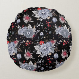 Almofada Redonda Rosas de crânio Elegante Preto prateado