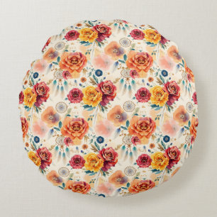 Almofada Redonda Rosas de vindima de boho e penas, padrão floral