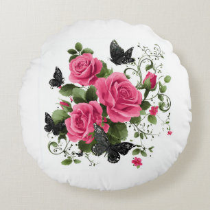 Almofada Redonda Rosas e Borboletas, Design Colorido,