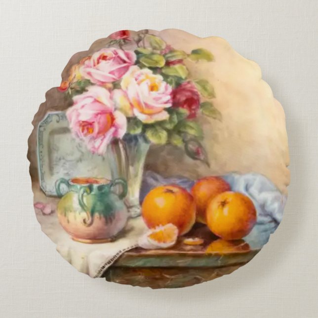 Almofada Redonda Rosas Elegantes e Travesseiro de Laranjas Mandarin (Frente)