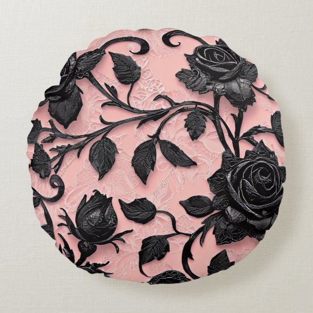 Almofada Redonda Rosas Pretos Góticos na Vinha (Frente)