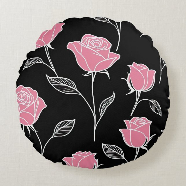 Almofada Redonda Rosas rosa a preto (Frente)