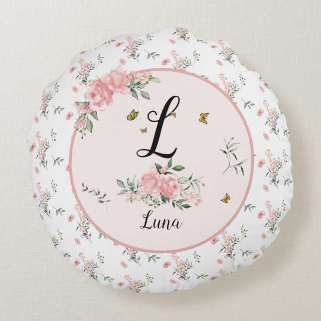 Almofada Redonda Rosas Rosa Elegantes com Borboletas (Verso)