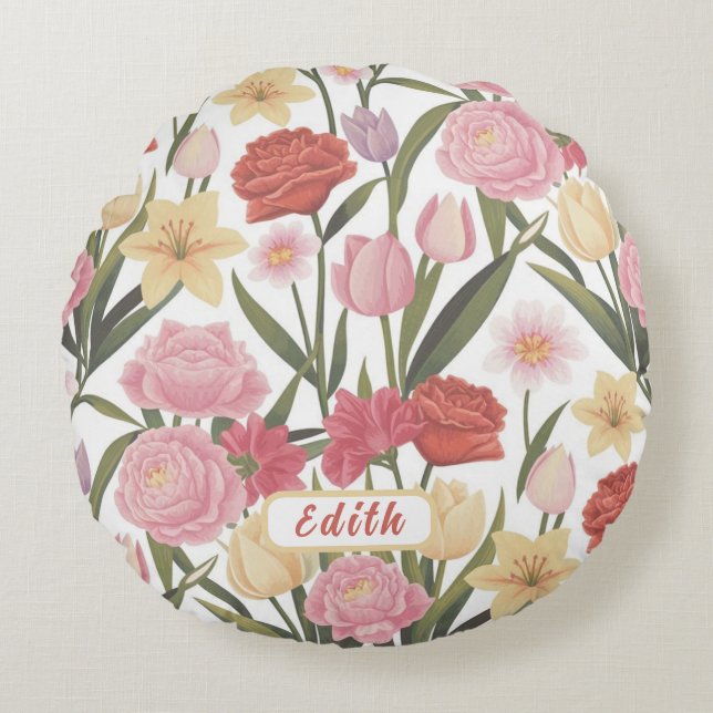Almofada Redonda Rosas, Tulipas e Lírios (Frente)