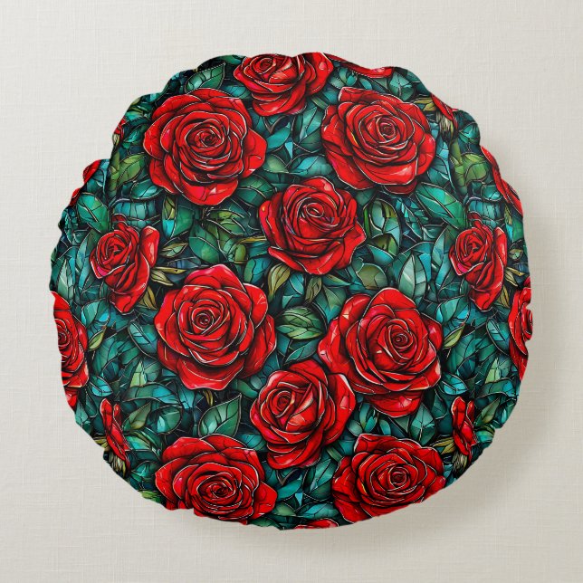 Almofada Redonda Rosas Vermelhas & Folhas Verdes 🌹🍃 Romântico Flo (Frente)