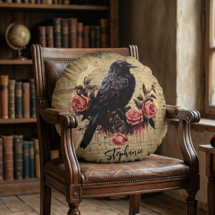 Almofada Redonda Rosas Vintage Black Crow, Floral Corvo Dark Goth