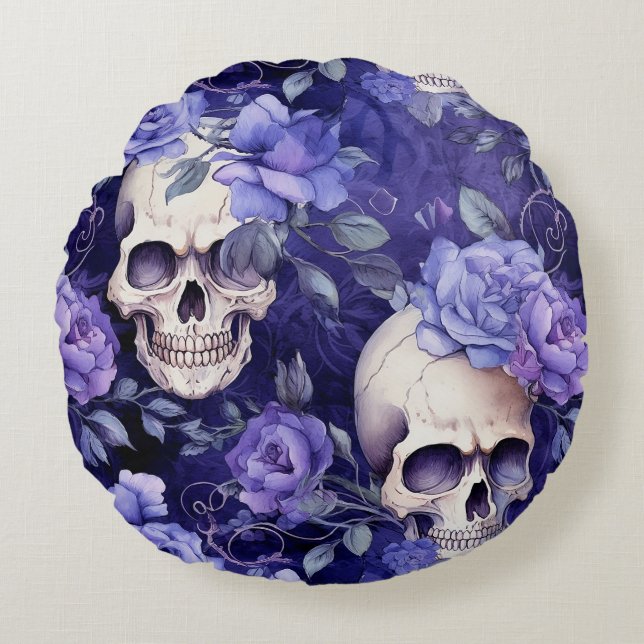 Almofada Redonda Rosas violetas con calaveras (Frente)