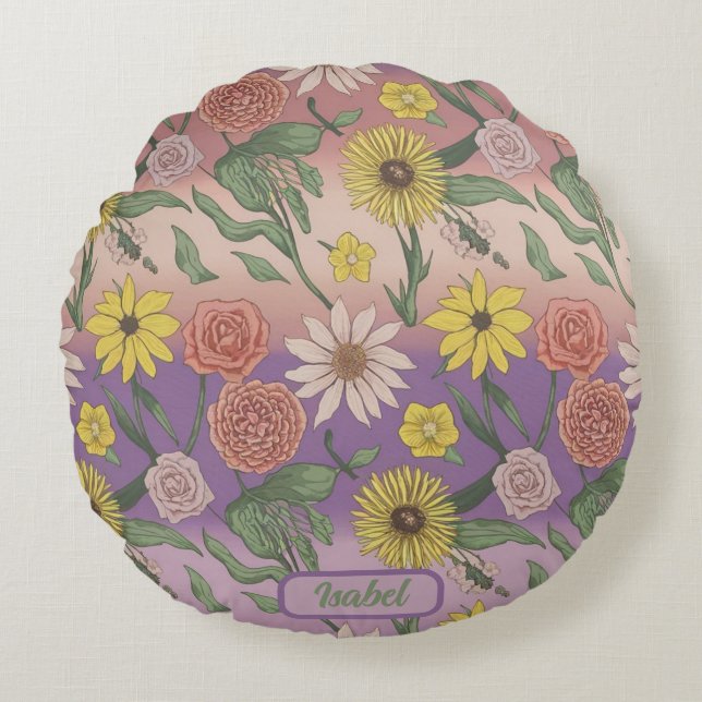 Almofada Redonda Rosas, Visitas, Girassóis E Lírios (Frente)