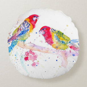 Almofada Redonda Rosella Vermelho Papagaio Papagaios Pintura Aquare