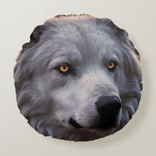 Almofada Redonda Rosto Branco De Lobo, (Frente)