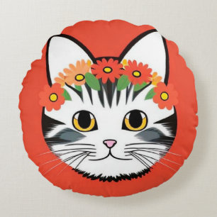 Almofada Redonda Rosto de Gato Fofo Ilustração Vibrante