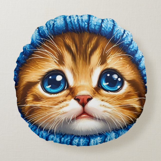 Almofada Redonda Rosto de Gato Laranja Fofo (Frente)