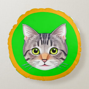 Almofada Redonda Rosto de Gato Malhado em Moldura Circular Vibrante
