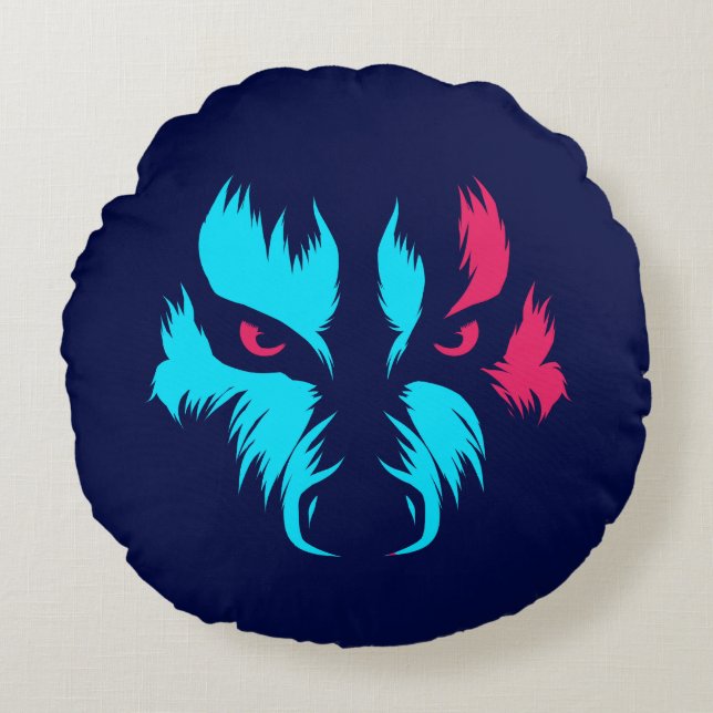 Almofada Redonda Rosto de Lobo Neon (Frente)