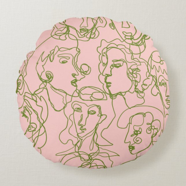 Almofada Redonda Rostos femininos abstrato contemporâneos. Minimali (Frente)