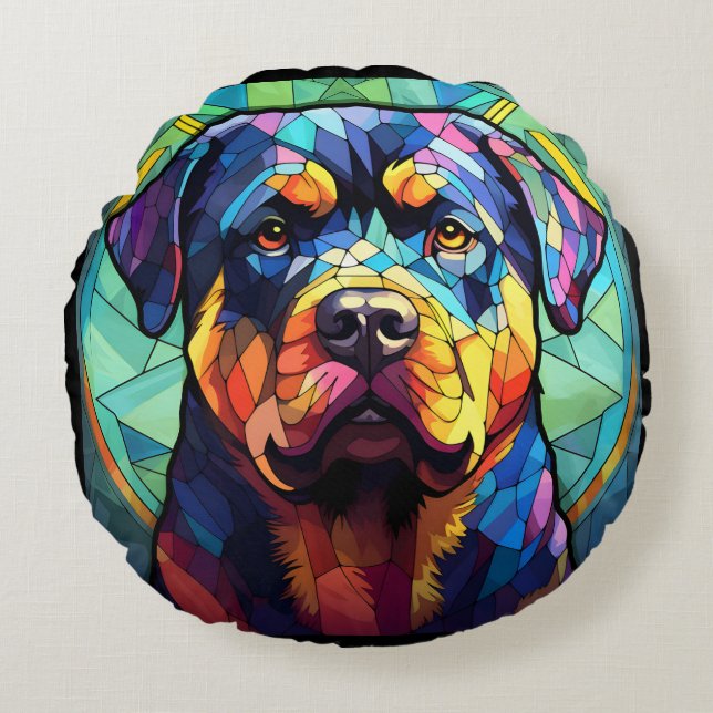 Almofada Redonda Rottweiler de Vidro Pintado (Frente)