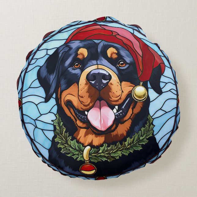 Almofada Redonda Rottweiler Vidro Estido Natal (Verso)