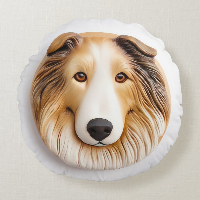 Almofada Redonda Rough Collie Dog 3D Inscrito (Frente)