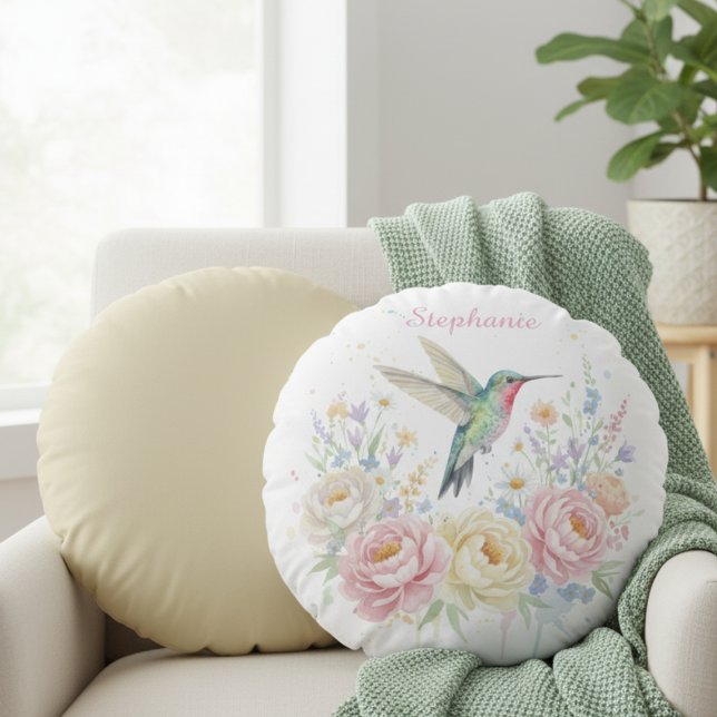 Almofada Redonda Round Hummingbird Floral Pillow – Personalized (Floral hummingbird round pillow)