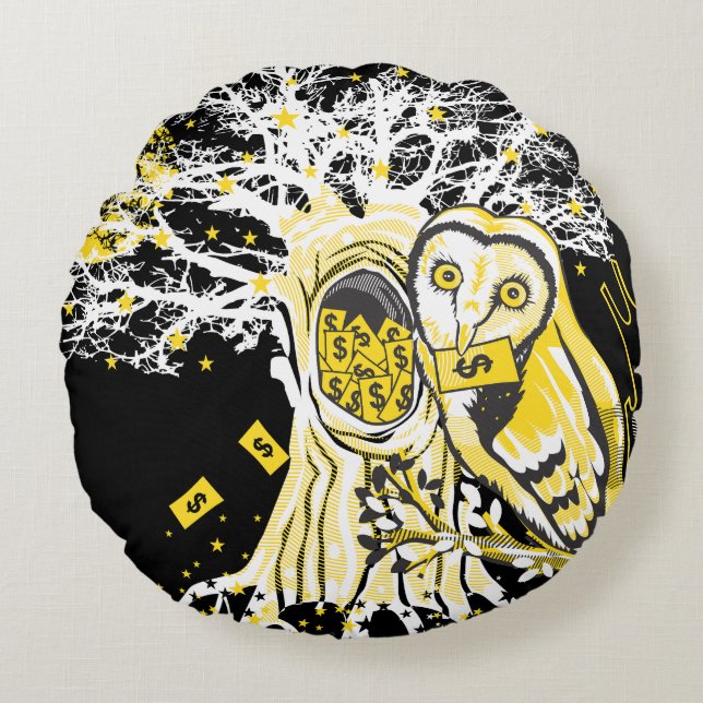 Almofada Redonda Round Pillow – Urban Tree Owl & Wealth Surreal Pop (Frente)