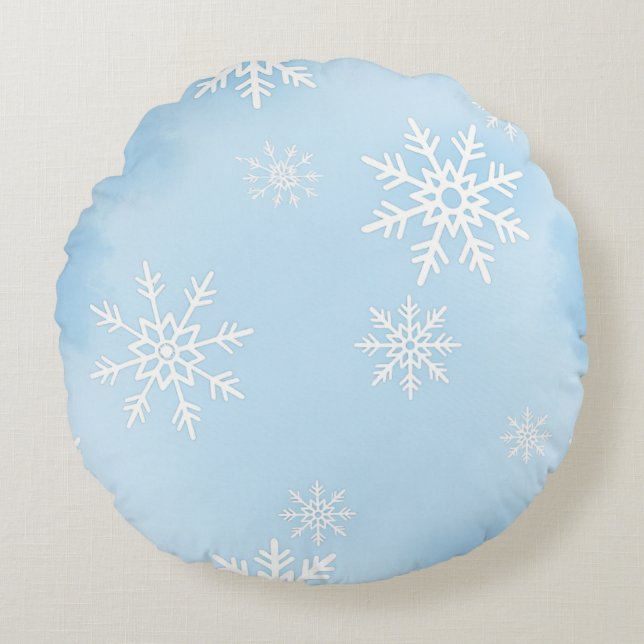 Almofada Redonda  Round Pillow with White Snowflakes on Blue Backgr (Frente)