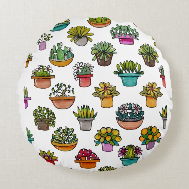 Almofada Redonda Roupa de Bebê com Plantinhas em Vasos (Frente)