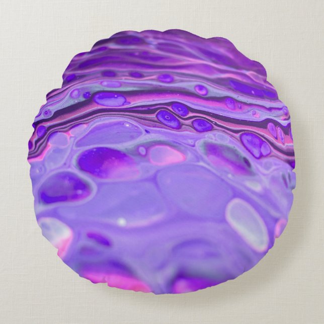 Almofada Redonda Roxo Acrílico Rosa, Mármore de Pintura Fluida (Frente)
