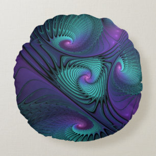 Almofada Redonda Roxo encontra Arte Fractal abstrato Turquesa moder