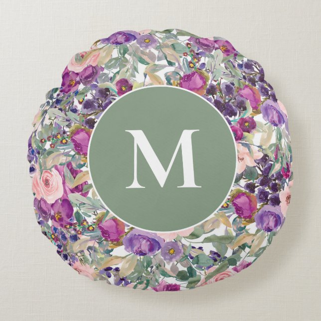 Almofada Redonda Roxo Rosa Verde Sage Flores Boho (Frente)