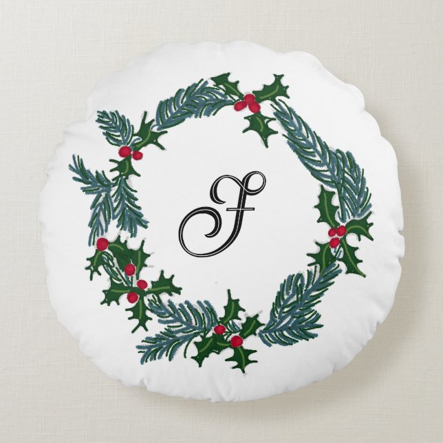 Almofada Redonda Rua de Natal desenhar, inicial personalizável (Frente)