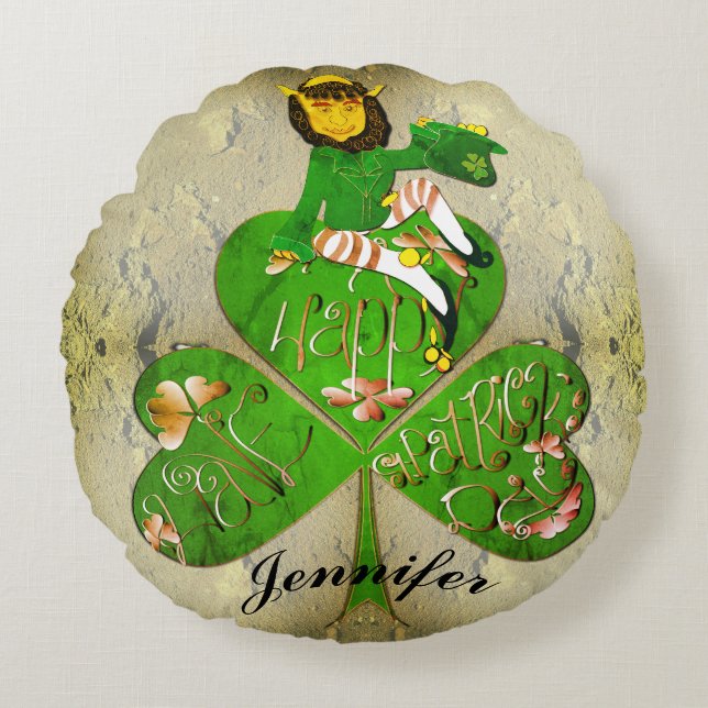 Almofada Redonda Rua do dia do Patrick Leprechaun Travesseiro redon (Frente)