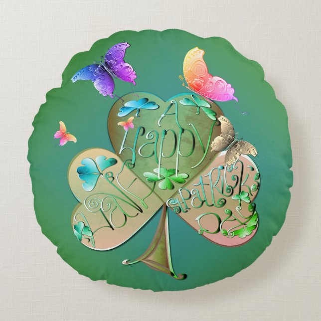 Almofada Redonda "Rua Feliz" de Patrick "Shamrock (Frente)