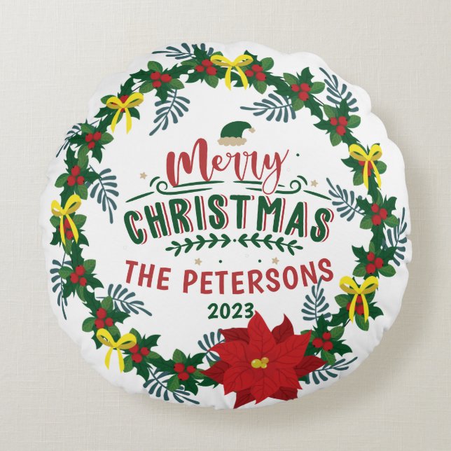 Almofada Redonda Rua Vermelha Brilhante da Poinsettia Natal (Frente)