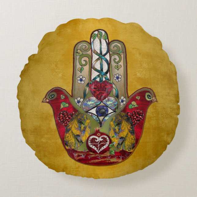 Almofada Redonda Rubis Romã Coração Vermelho Pássaro Hamsa (Frente)